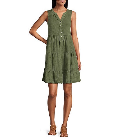 Westbound Sleeveless Button Front Tiered Dress