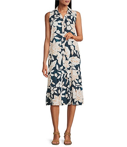 Westbound Sleeveless Button Front Y-Neck A-Line Midi Dress