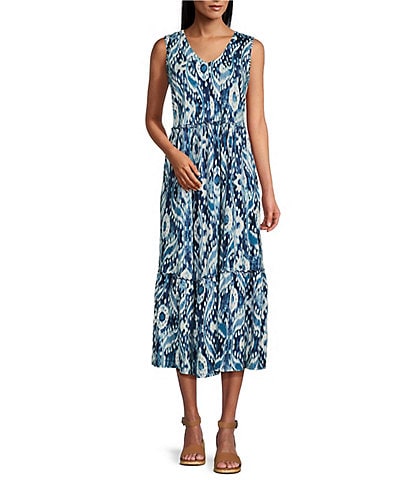 Westbound Sleeveless V-Neck Blue Boho Ikat Print Tiered A-Line Dress