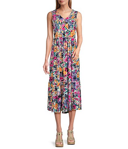 Westbound Sleeveless V-Neck Blurred Bouquet Print Tiered A-Line Dress