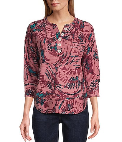 Westbound Splatch Swirl Print 3/4 Sleeve Henley Curved Hem Top