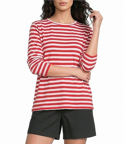 Westbound Perfect Outfit Picks Stripe Print 3/4 Sleeve Crew Neck Top