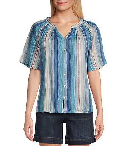 Westbound Stripe Woven Short Sleeve Y-Neck Button Front Top
