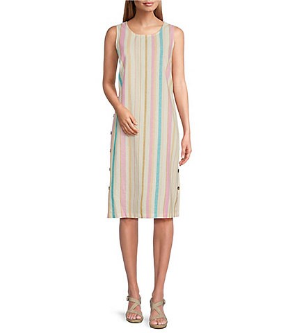 Westbound Summer Multi Striped Print Sleeveless Button Detail Shift Dress