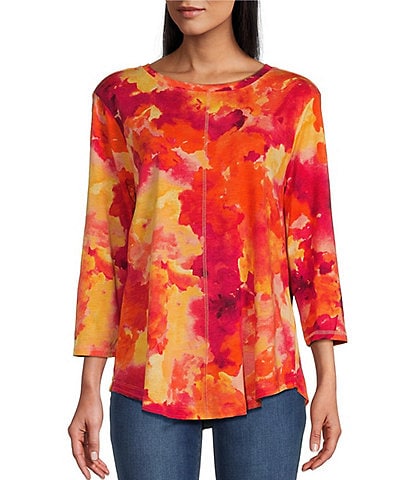 Westbound Sunset Cloud Abstract Print 3/4 Sleeve Knit Crew Neck Top