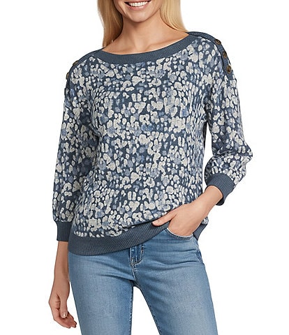 Westbound Tie Dye Drop Print Knit Long Sleeve Button Shoulder Pullover Top