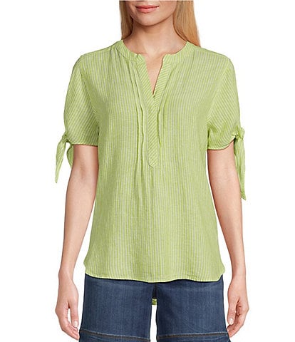 Westbound Tie Short Sleeve Striped Pleated Y-Neck Top