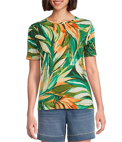 Westbound Tropical Leaf Short Sleeve Crew Neck Top
