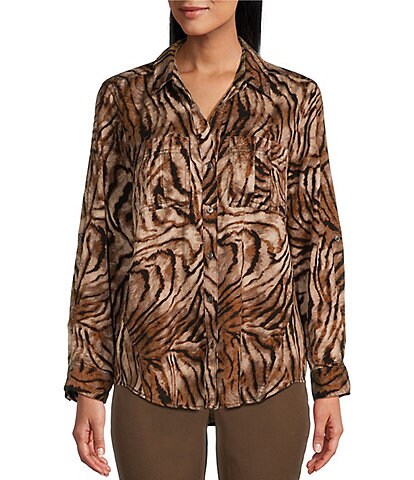Westbound Twisted Tiger Print Woven Long Rolled Sleeve Y-Neck Collar Button Front Top
