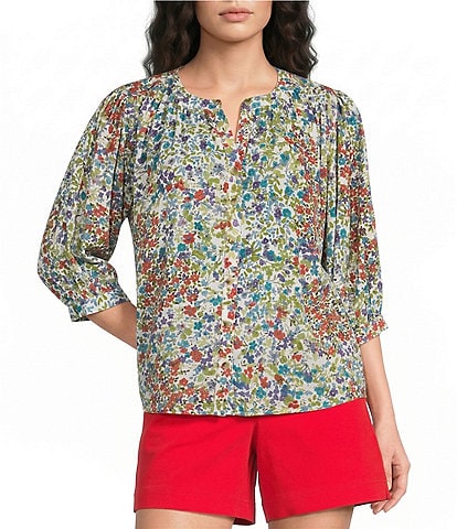 Westbound V-Neck 3/4 Sleeve Button Front Top