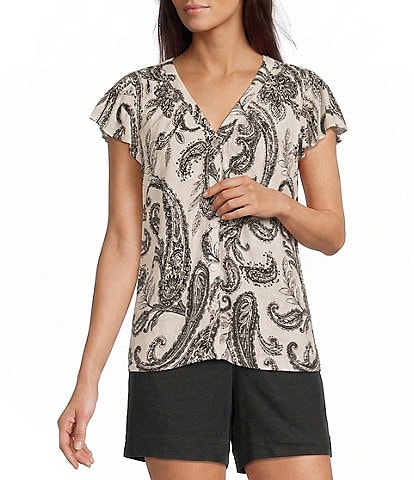 Westbound V-Neck Button Front Flutter Sleeve Top