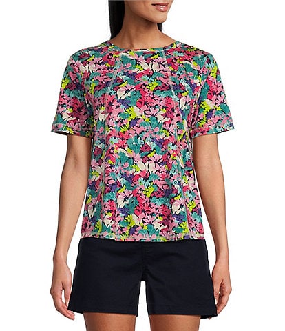 Westbound Vibrant Blooms Print Knit Short Sleeve Crew Neck Tee Shirt