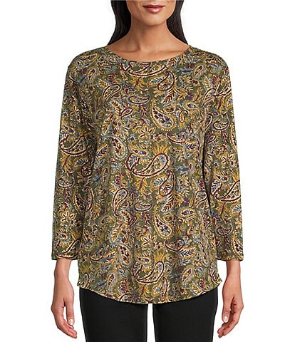 Westbound Vibrant Paisley Print 3/4 Sleeve Knit Crew Neck Top