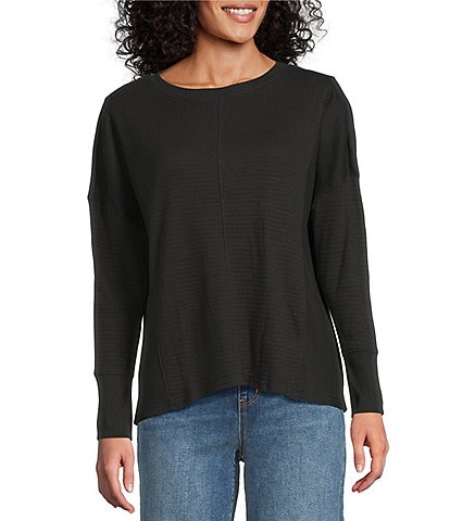 Westbound Waffle Solid Long Sleeve Crew Neck Pullover Top