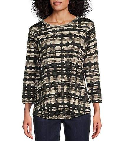 Westbound Watercolor Abstract Plaid Print 3/4 Sleeve Knit Crew Neck Top