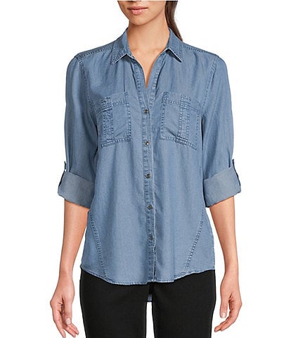 Westbound Woven Chambray Long Roll-Tab Sleeve Point Collar Y-Neck Button Front Shirt