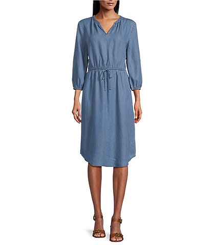Westbound Woven Chambray V-Neck 3/4 Sleeve Dress