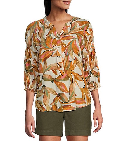 Westbound Woven Elbow Smock Sleeve Henley Blouse