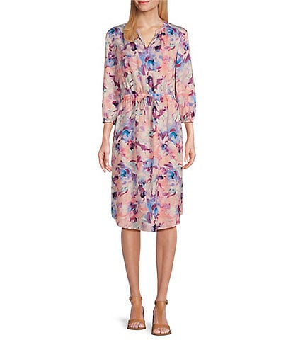 Westbound Woven Floral Whips Print V-Neck 3/4 Sleeve Midi Dress