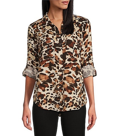 Westbound Woven Leopard Print Long Roll-Tab Sleeve Point Collar Y-Neck Button Front Shirt