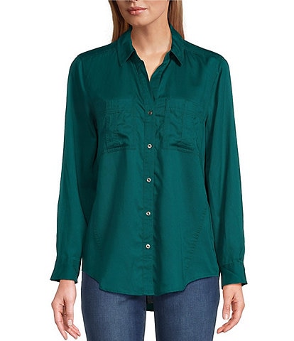 Westbound Woven Long Roll-Tab Sleeve Point Collar Y-Neck Button Front Shirt