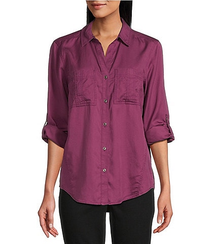 Westbound Woven Long Roll-Tab Sleeve Point Collar Y-Neck Button Front Shirt