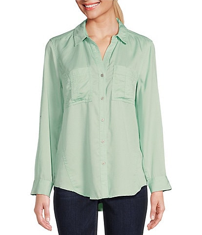 Westbound Woven Long Roll-Tab Sleeve Point Collar Y-Neck Button Front Shirt
