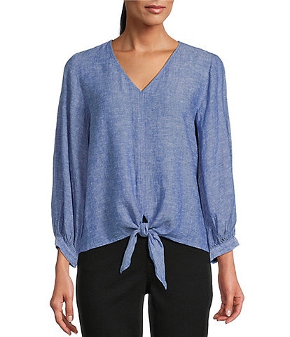 Westbound Woven Long Sleeve V-Neck Pullover Tie Front Top