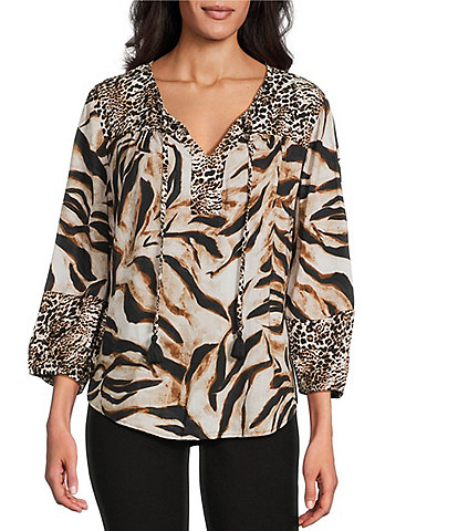 Westbound Woven Mocha Sandy Leopard Elbow V-Neck Tie Blouse