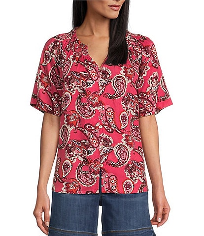 Westbound Woven Paisley Flutter Short Sleeve Y-Neck Button Front Top