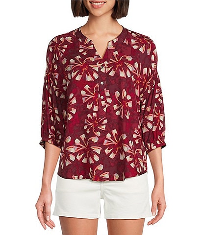 Westbound Woven Printed Elbow Smock Sleeve Henley Blouse