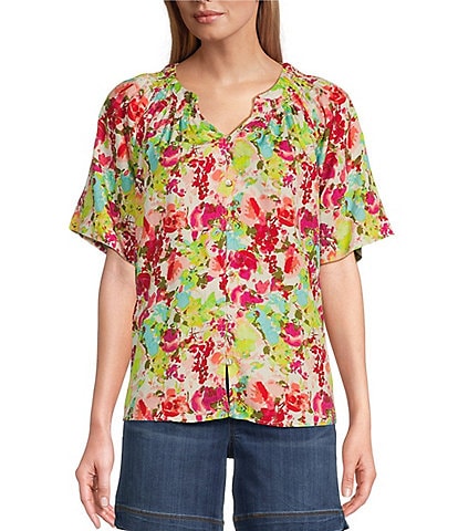 Westbound Woven Short Sleeve Y-Neck Button Front Top