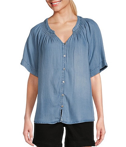 Westbound Woven Short Sleeve Y-Neck Button Front Top