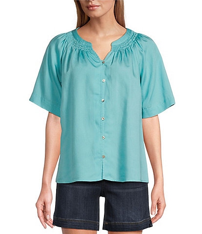 Westbound Woven Short Sleeve Y-Neck Button Front Top