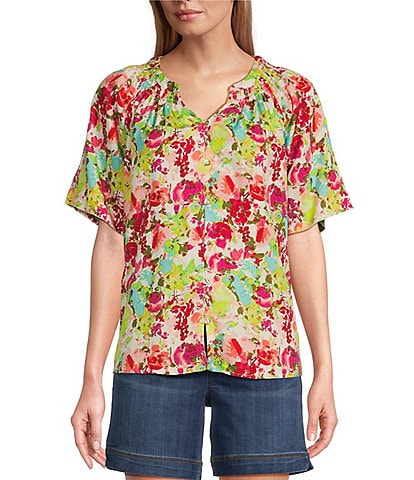 Westbound Woven Short Sleeve Y-Neck Button Front Top