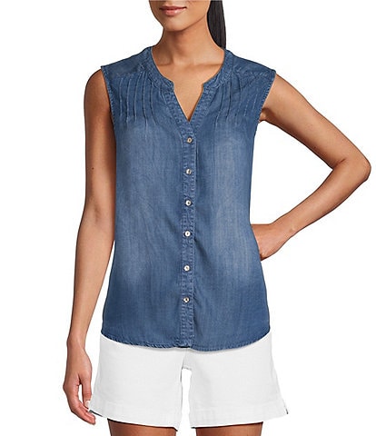 Westbound Woven V-Neck Sleeveless Curved Hem Button Front Blouse