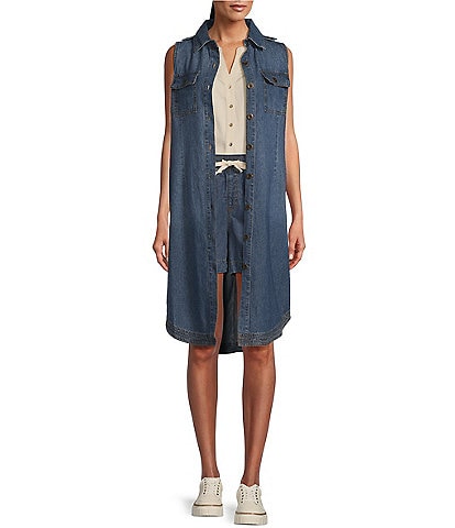 Westbound Woven Y-Neck Sleeveless Flap Pocket Button Front Duster