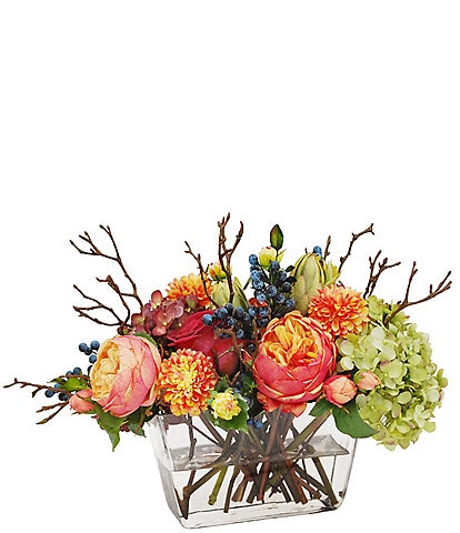 Winward Mix Fall Hydrangea & Rose Floral Arrangement in Glass Vase