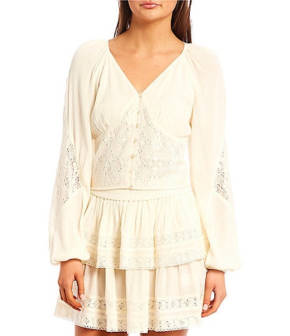 Coordinating Lace Woven Button Front Contrast Blouse