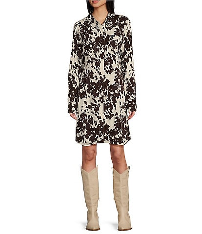 Wrangler® Cow Print Long Sleeve Snap Button-Front Dress