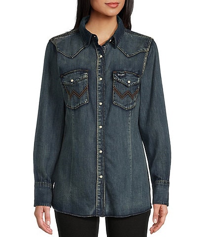 Wrangler® Denim Snap Front Long Sleeve Western Shirt