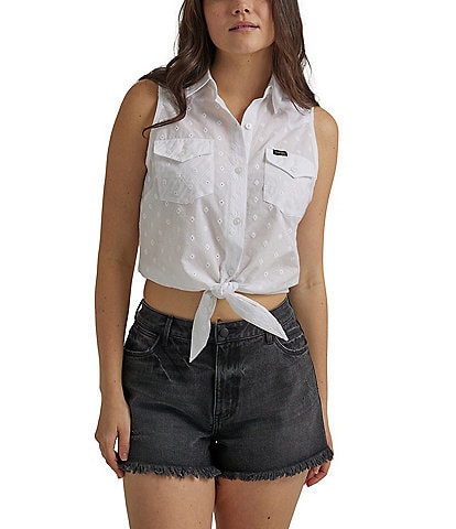 Wrangler® Floral Eyelet Tie Front Cropped Shirt