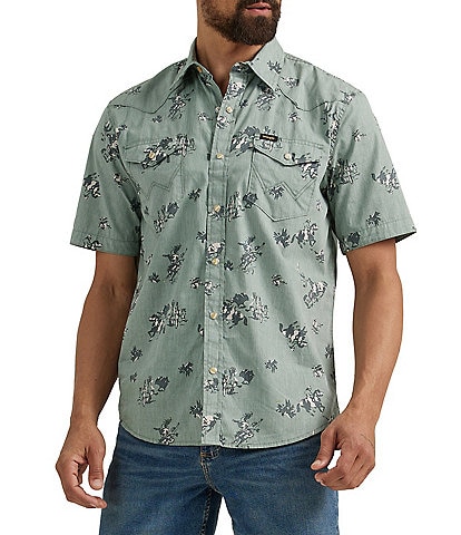 Wrangler® Short Sleeve Cowboy Printed Poplin Button-Up Shirt