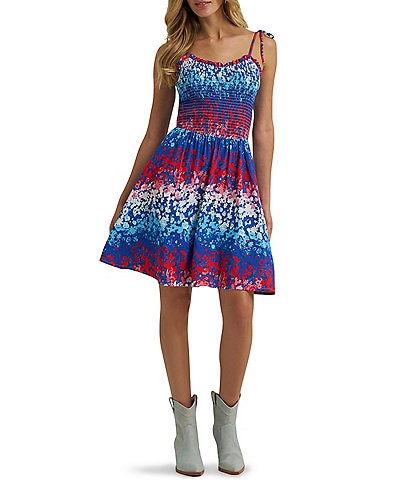 Wrangler Spaghetti Tie Strap Multi Colored Smocked Dress