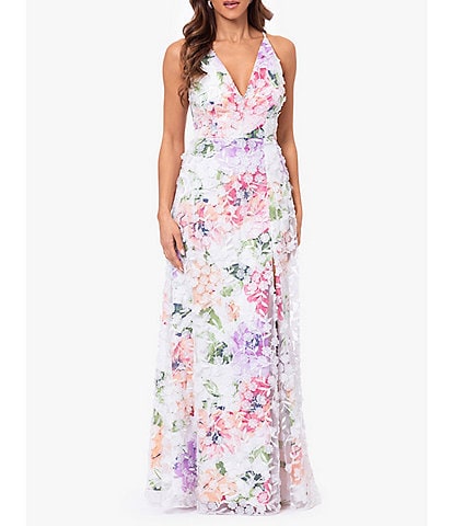 Xscape 3D Floral V-Neck Sleeveless Side Slit Gown