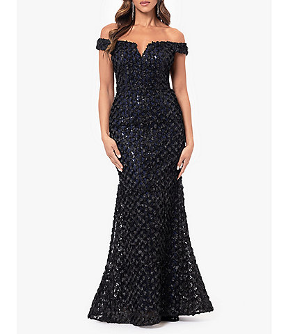 Xscape 3D Sequin Embroidered Split V-Neck Off-the-Shoulder Mermaid Gown