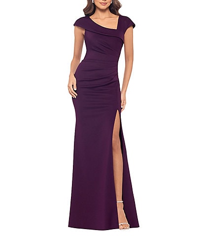 Xscape Asymmetrical Neckline Cap Sleeve Ruched Scuba Crepe Sheath Gown