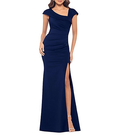 Xscape Asymmetrical Neckline Cap Sleeve Ruched Scuba Crepe Sheath Gown
