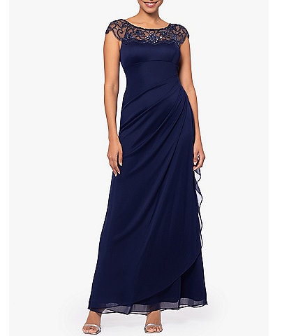 Xscape Beaded Yoke Cap Sleeve Illusion Round Neck Ruched Cascade Ruffle Side Gown