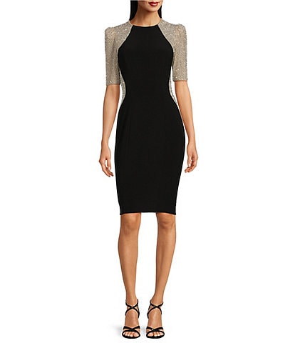 Xscape Beaded Stretch Crew Neck 3/4 Sleeve Sheath Dress